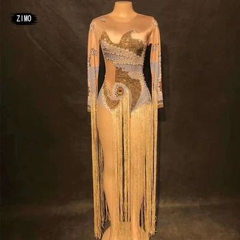 

Top Elastic Tassel Crystals rhinestone tassel pearl Sexy Women Jumpsuits Dj Ds Celebrity Show Performance Bodysuit stage costume