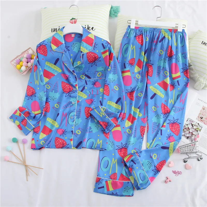 2 Fiklyc underwear women's beautiful elegant luxury faux silk pajamas sets long sleeve turn-down collar autumn pyjamas nighties - Цвет: 2