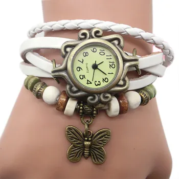 

Bracelet Women Watch Retro Weave Wrap Lady Bead Butterfly Dangle Bangle Quartz Watch zegarek Pulseira relogio feminino reloj