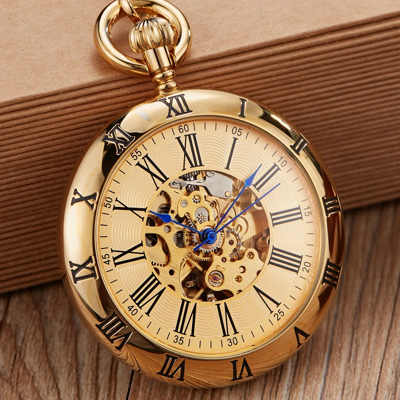 Antique Clock Pocket Watch FOB Mechanical Vintage Golden Gold Copper Men Women Engraved Fob Chain Automatic Retro Pocket Watches