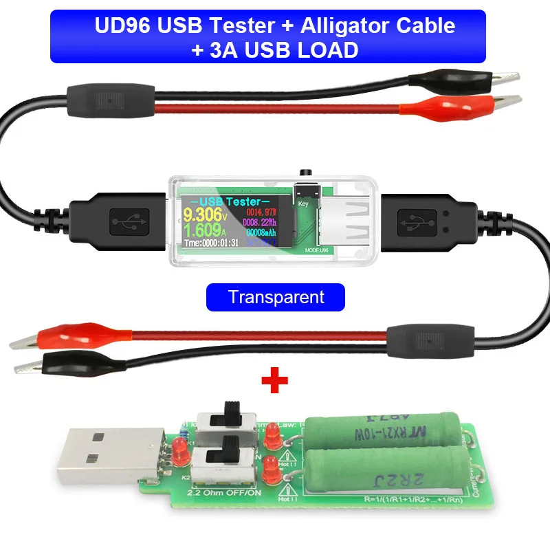 U96 USB Тестер DC Цифровой вольтметр amperimetro power bank зарядное устройство индикатор напряжения измеритель тока детектор+ нагрузка+ Аллигатор - Цвет: U96-TM-alligator-3A