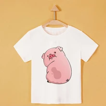 

White Clothes Short Sleeve Children's Clothing Pink Pig Cute Cartoon Girl Kid Top Crew Neck Anime Summer Printing Round Neck