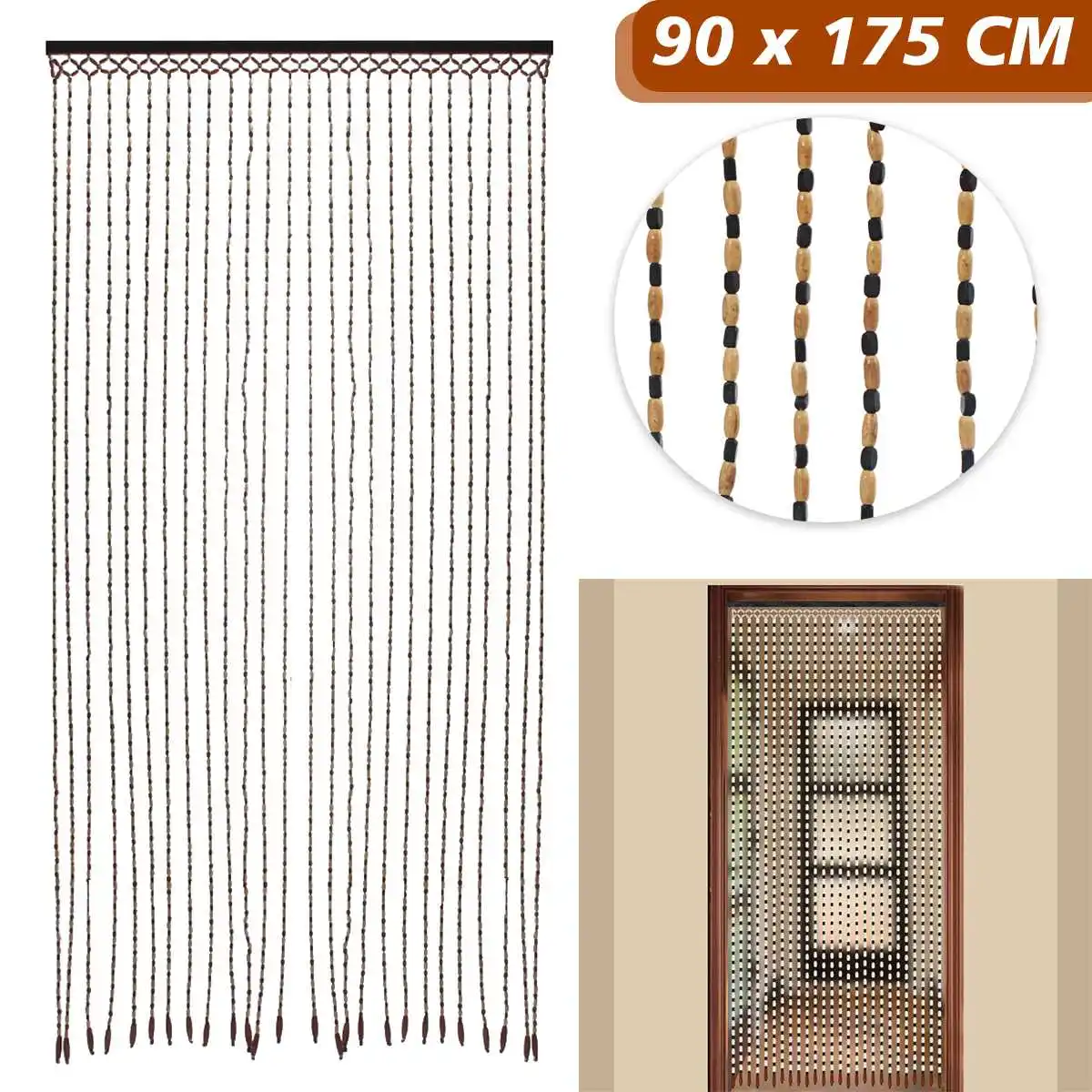 JVL Wooden Bamboo Beaded Patterned Fly Screen Door Curtain 90 x 180cm 
