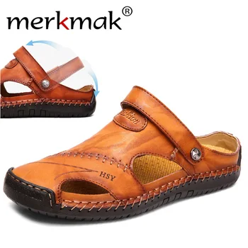

Merkmak Genuine Leather Men's Sandals Summer Soft Shoes Beach Men's Slippers High Quality Sandals Slipper Bohemia Big Size 38-48