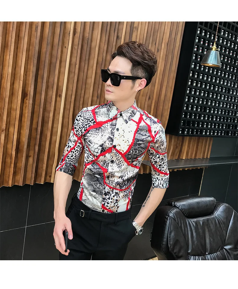 Мужская рубашка с леопардовым принтом, приталенная, короткий рукав, Camisa Masculina, новинка, Повседневная рубашка для мужчин, Клубные, выпускные рубашки, Chemise Homme
