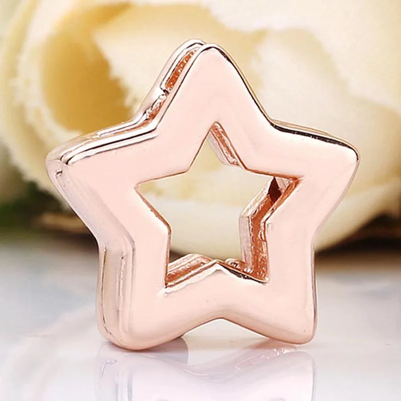 

New 925 Sterling Silver Bead Charm Rose Gold Reflexions Star Clip Stopper Lock Beads Fit Pandora Bracelet Bangle Diy Jewelry
