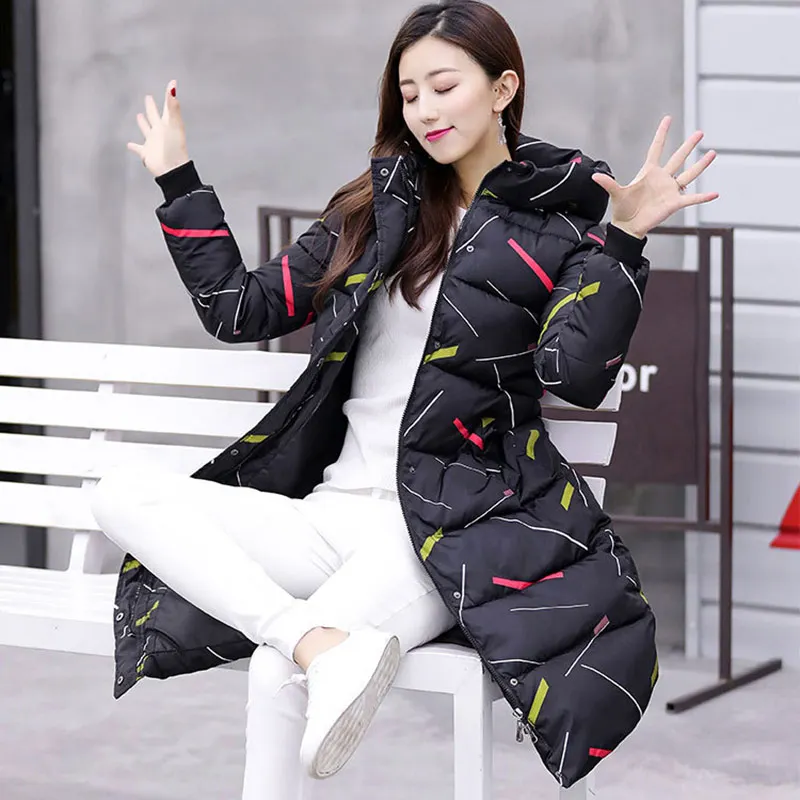 Winter Jacket Coat Women Hooded Cotton Padded Long Parkas New Women Coat Warm Slim Fit Printed Women Jacket