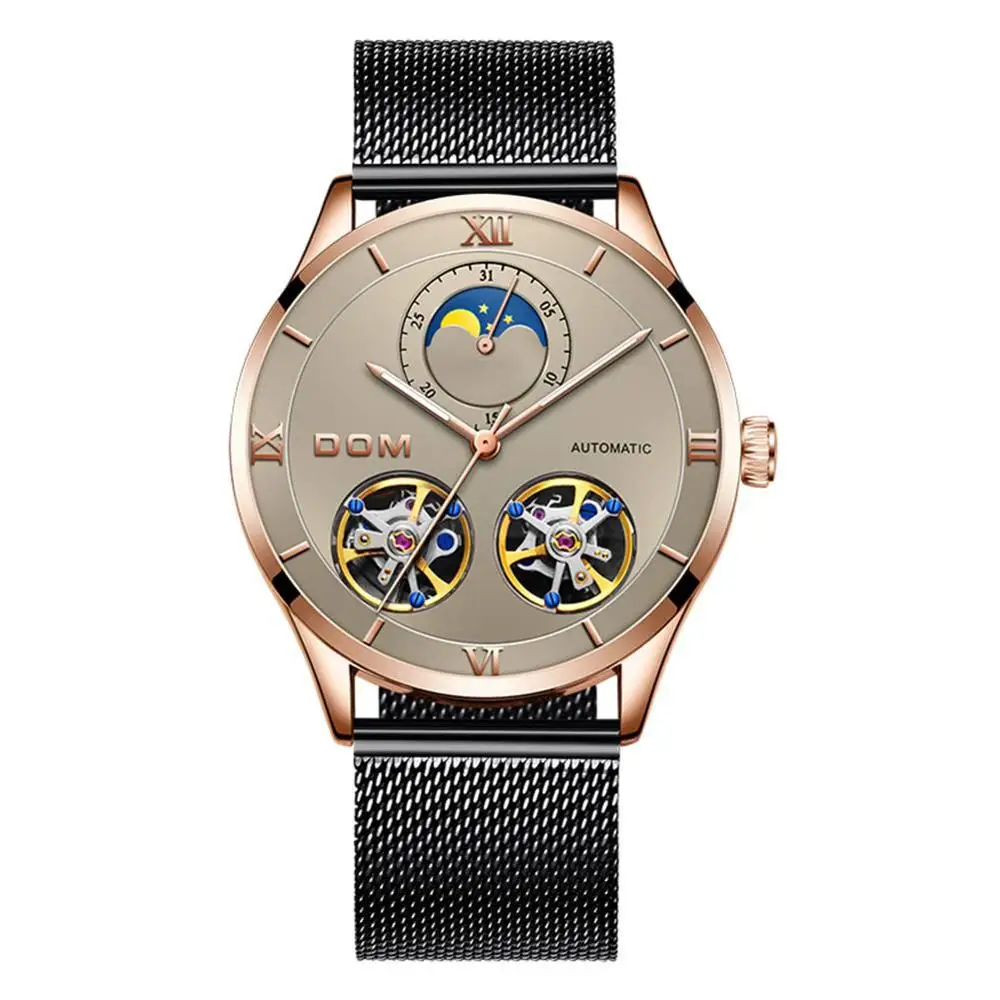 DOM Брендовые мужские часы автоматические механические часы Tourbillon спортивные часы кожаные повседневные деловые наручные часы Relojes Hombre - Цвет: M-1270GK-5M