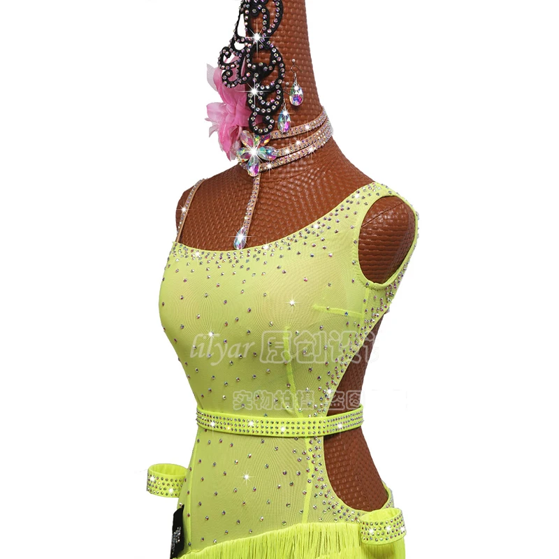 Latin Dance Dress Suit Tassel Dress Female Adult Children'S Competition Dress Dance Outfit Party Fluorescent Yellow Dress Latin
