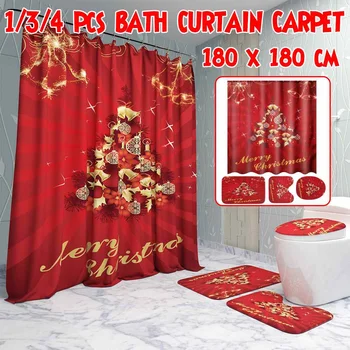 

1/3/4pcs Merry Christmas Bathroom set Red Christmas Tree Pattern Waterproof Shower Curtain Toilet Cover Mat Non Slip Rug