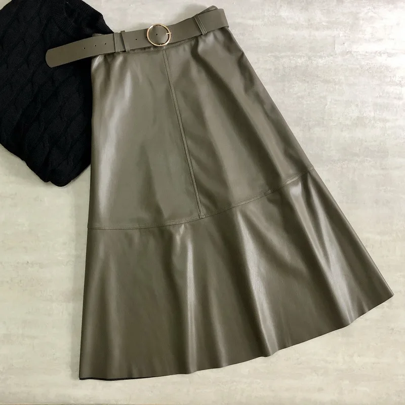 

Women Solid PU Fur Faux Leather Elegant Mid Skirt Women 2020 Autumn High Waist With Metal Buckle Belt Office Ladies A-Line Skirt