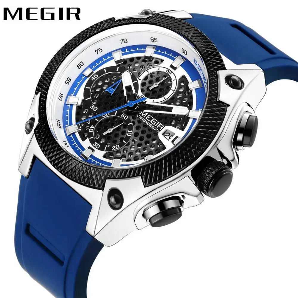 

MEGIR Sports Mens Watches Top Brand Luxury Quartz Watch Men Chronograph Calendar Multifunction Wristwatch Rubber Strap Clock