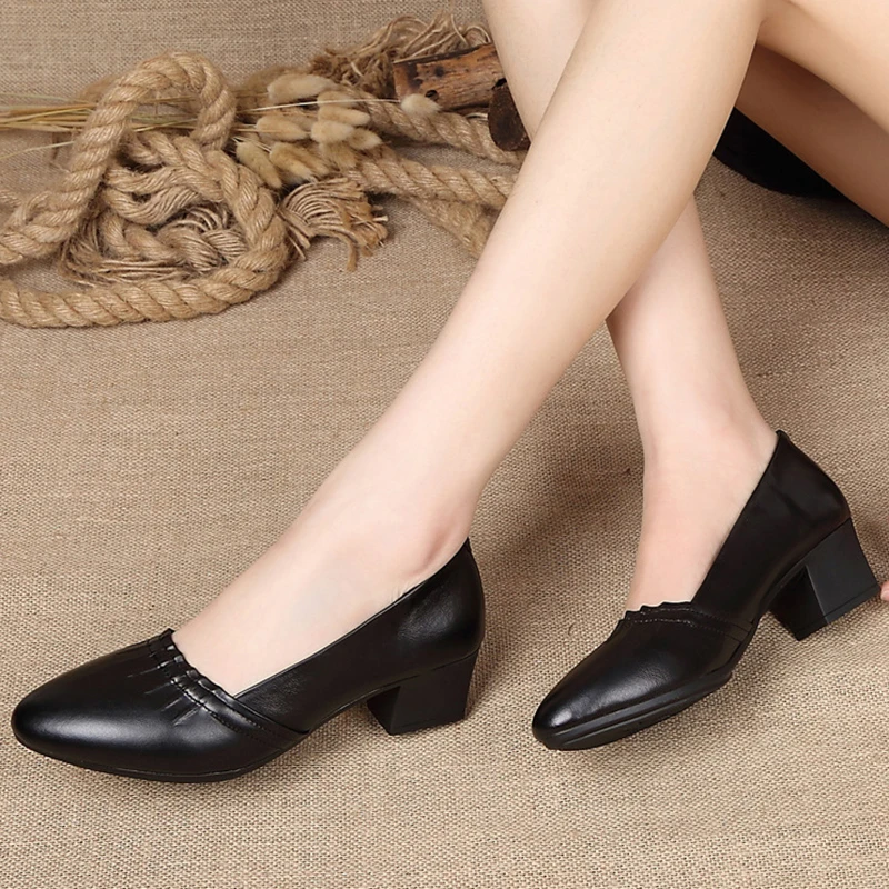 

Women Office Pumps Genuine Split Leather Pointed Toe Square Mid Heel Solid Shllow Classic Ladies Shoes Zapatos De Mujer