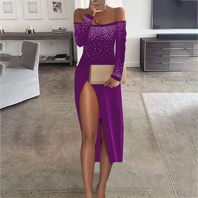 Autumn Women Sexy Rhinestone Strapless Long Sleeve Bright Slim Split Skirt Dress Party Bare Legged Dinner Dress Diamond