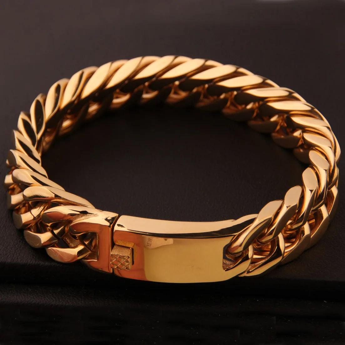 Крутые мужские золотые однотонные браслеты из нержавеющей стали Мужская цепочка на запястье 15 мм ширина панцирная цепь браслет модные ювелирные изделия подарок