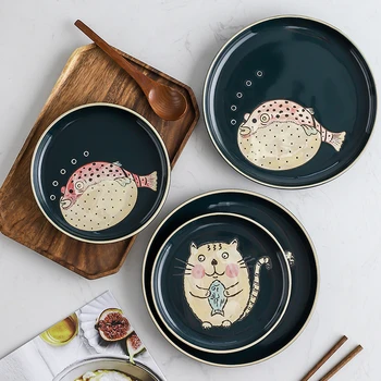 

Japanese underglaze color hand painted cartoon round ceramic steak dish flat plate breakfast dessert salad sushi set tableware