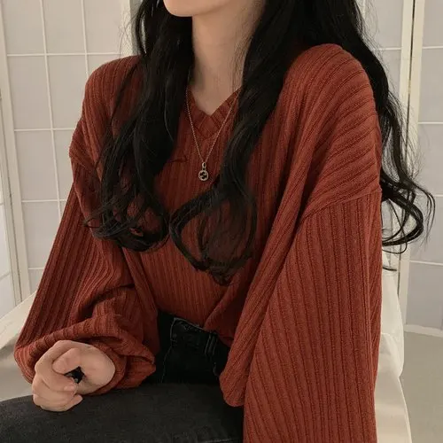 Neploe/женский короткий свитер в Корейском стиле с v-образным вырезом и длинным рукавом, короткие трикотажные пуловеры, свободный однотонный джемпер, Осень-зима, Pull 55114 - Цвет: rust red