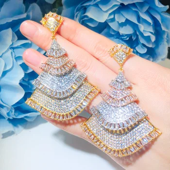 

QooLady Expensive Vintage Fan Design Cubic Zirconia Large Dangle Earrings Wedding Engagement Party Dubai Jewelry for Women E139