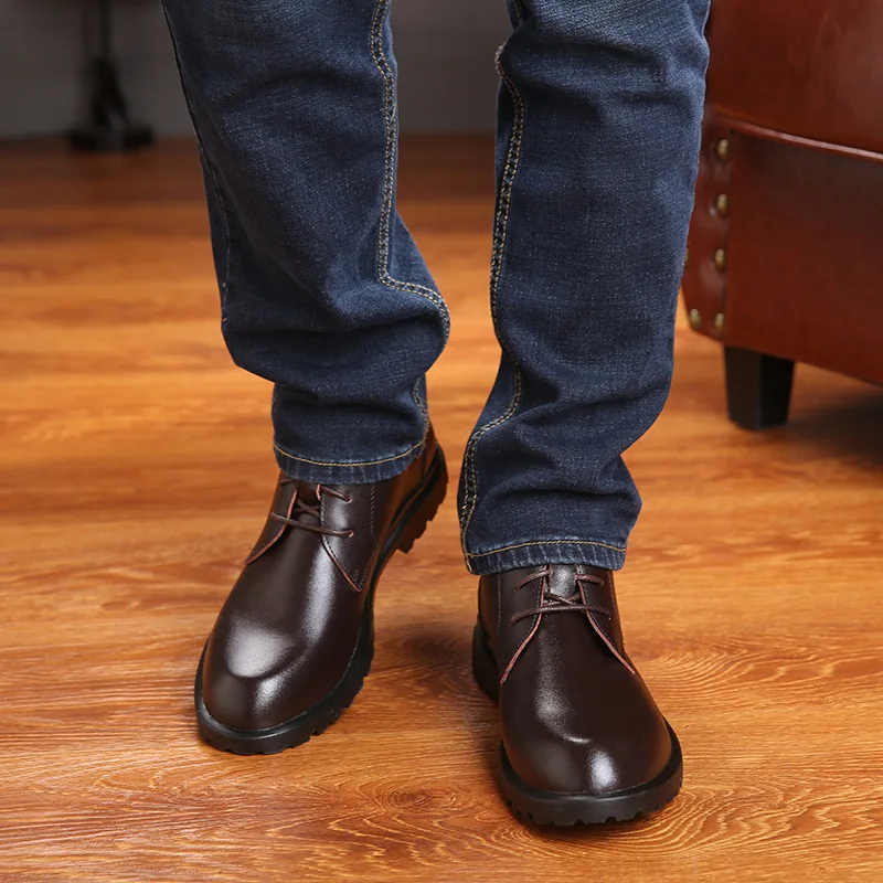 Warm Genuine Leather Men Boots Winter Big Size 38-49 Ankle Boots Men's Lace Up Comfortable Non-slip Male Fur Snow Boots H448