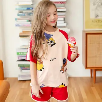 

Summer Soft Sweet Kids Pajams Set For Girls Cute Cartoon Short-sleeve+shorts Sleepwear Children Nightwear Home Sleep Clothing