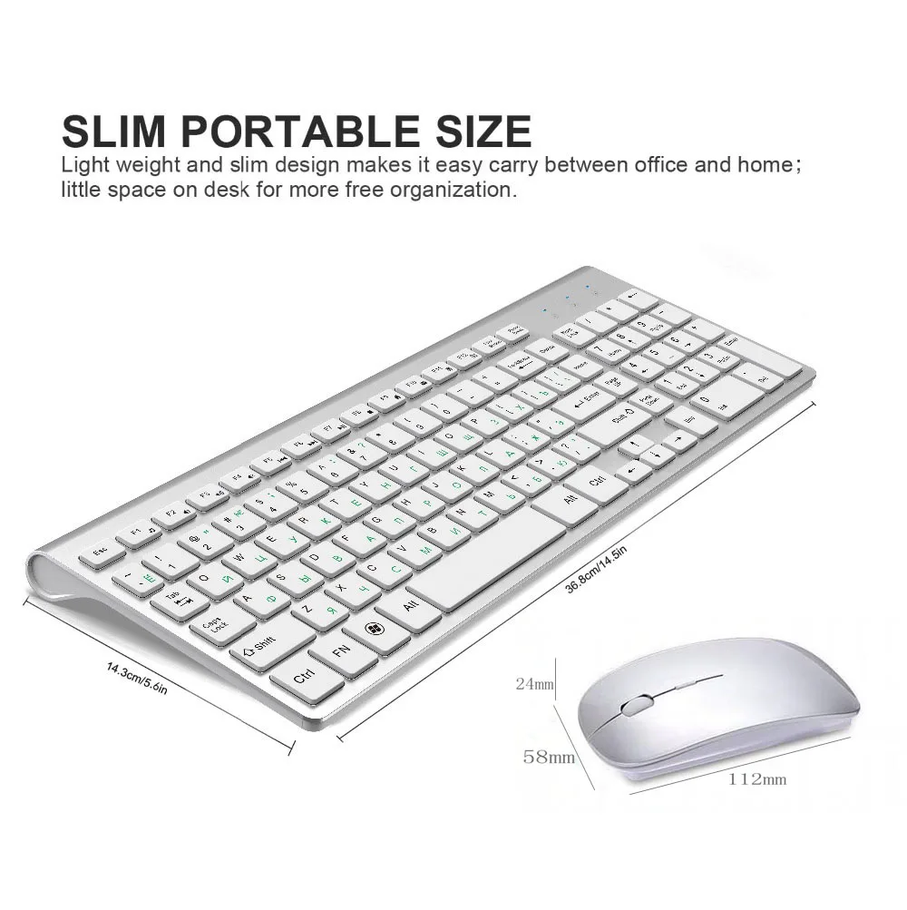Teclado sem Fio e Mouse Layout Russo Compacto Conveniente Ultra Fino Ergonômico Prata Branco 2.4g Eua - Imagem 2