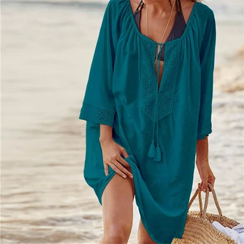 

2019 Cotton Tunics for Beach Women Dress Cover up Woman Vestidos Swimwear Cover up Pareo Beach Dress Saida de Praia