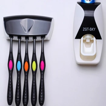 

Automatic Toothpaste Dispenser +5 Toothbrush Holder Set Wall Mount Wine ABS Automatic Toothpaste Squeezer Dispenser Tablets