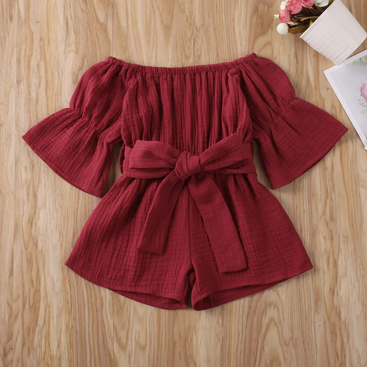

Pudcoco Toddler Baby Girl Clothes Summer Solid Color Off Shoulder Short Sleeve Romper Jumpsuit One-Piece Outfit Sunsuit Clothes