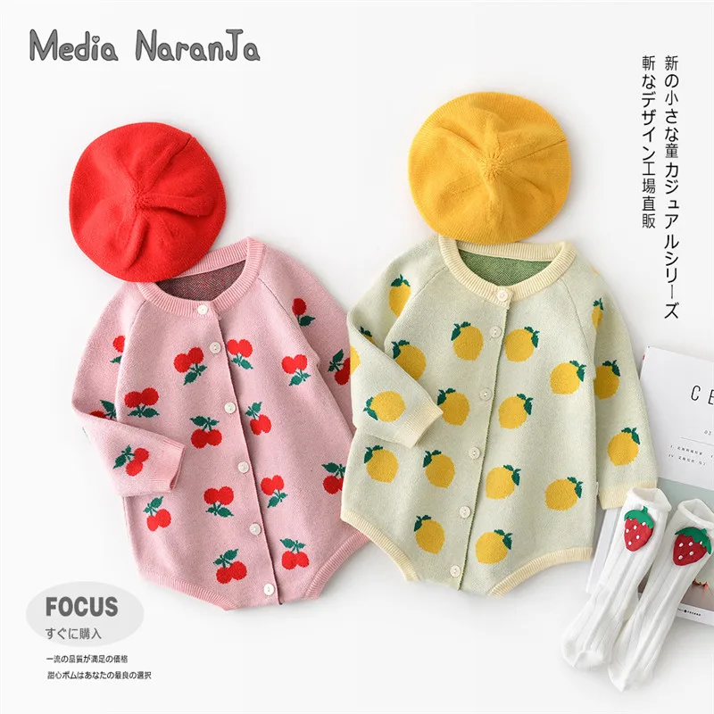

Autumn infant baby girl sweater Korean style cherry fruit jumpsuit and hat toddler knitted clothes