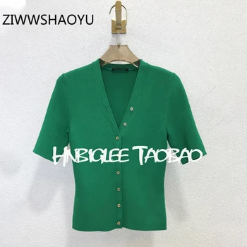

ZIWWSHAOYU Summer Female Fashion Casual Short Sleeve Shirt Tops Runway Designer Women Green V-Neck Stretchy Knitting Tops