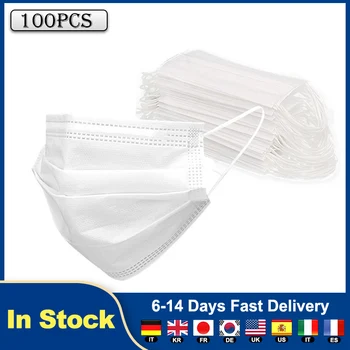 

White 100pcs Face Masks Disposable 3 Layers Dustproof Mask Anti-Dust Disposable Mask 3-ply Non Woven Mouth Mask for kid Earloops