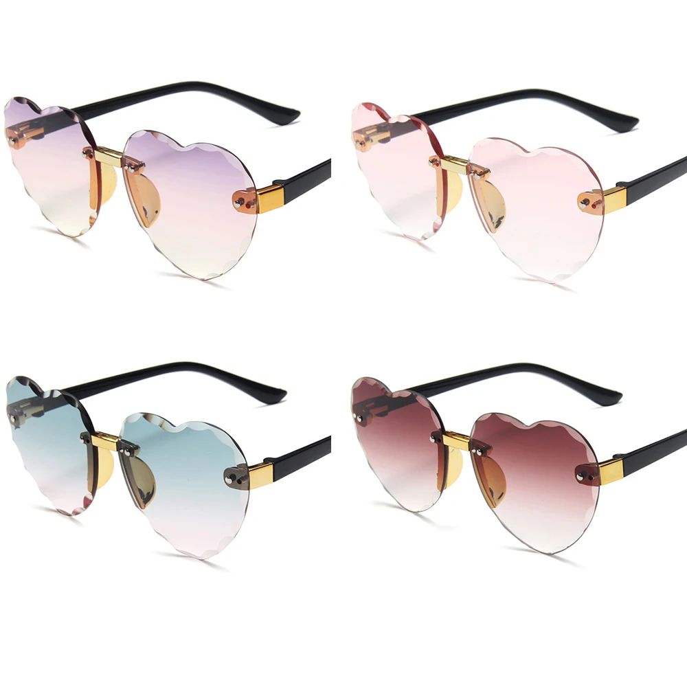1PC Girls Cute Heart Rimless Frame Sunglasses Children Kids Gray Pink Red Lens Fashion Boys Girls UV400 Protection Eyewear New
