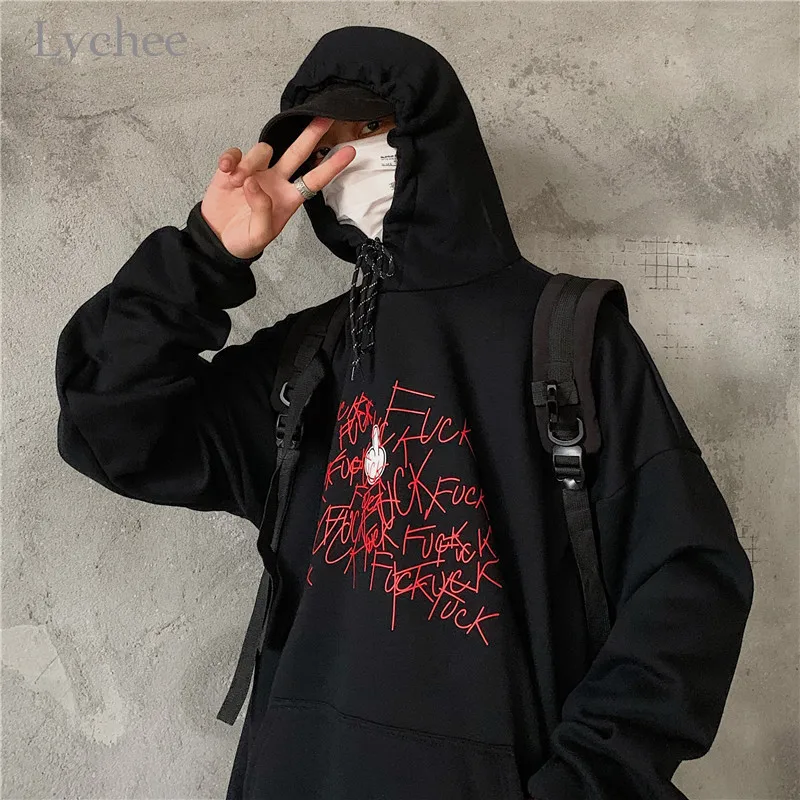 Lychee Harajuku Pocket Casual Female Hoodies Pullovers Graffiti Letter Women Hooded Sweatshirt Top Loose Autumn Lady Sweatshirts