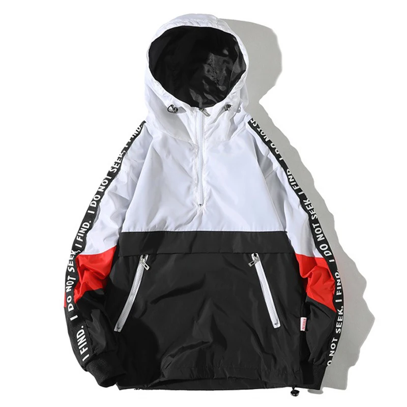 

Hot Hooded Jackets Men 2019 New Patchwork Color Block Pullover Jacket Fashion Tracksuit Casual Coat Men Hip Hop Streetwear