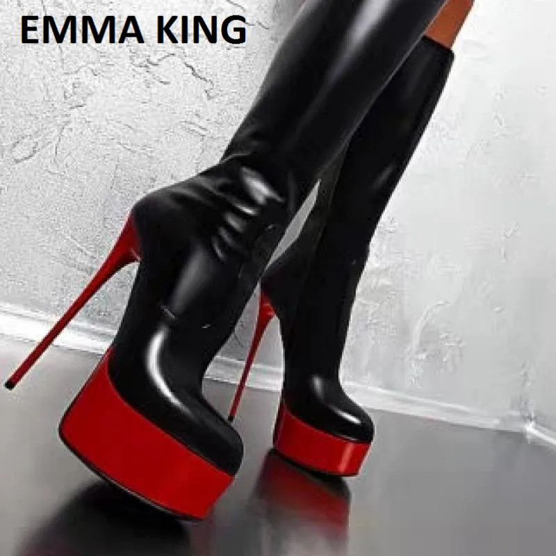 

EMMA KING 15cm Super High Women Platform Mid-calf Boots Thin High Heels Black Red Ladies Round Toe Shoes Party Shoes zapatillas