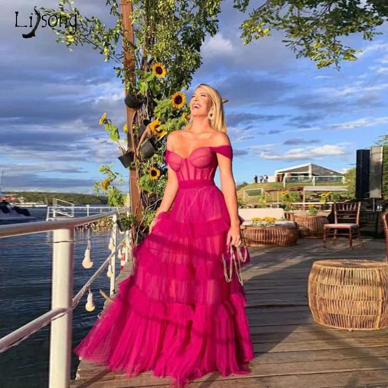 

New Fuchsia Off Shoulder Long Evening Party Dresses 2019 Chic Tiered Tulle Prom Gown Robe De Soiree longue Formal Dresses Custom