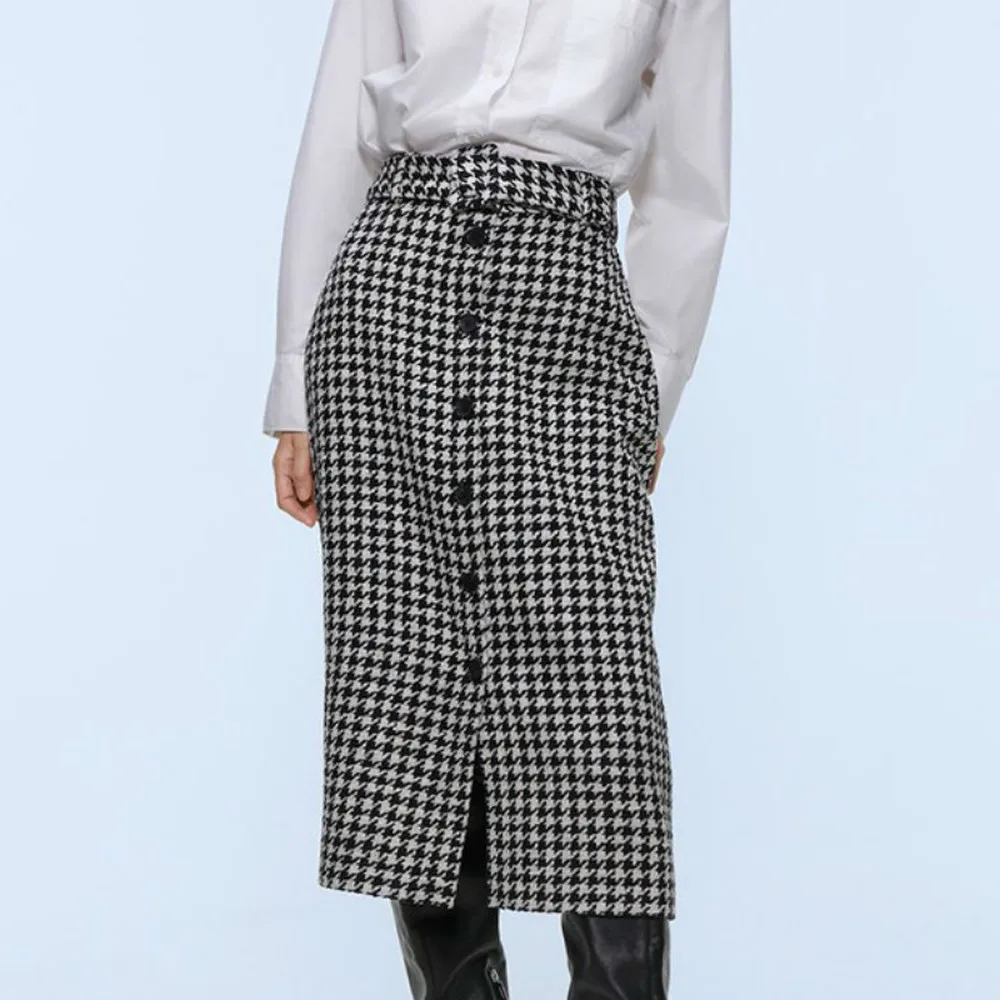 Модная женская юбка с высокой талией, с узором «гусиная лапка», однобортная, с разрезом, в черно-белую клетку, длинная сумка, юбка на бедрах