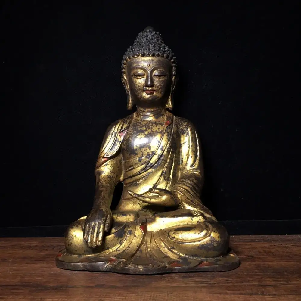 

Home Decor 12"Tibet Buddhism Temple Old Bronze Gilt Cinnabars Shakyamuni Buddha Statue Amitabha Enshrine the Buddha