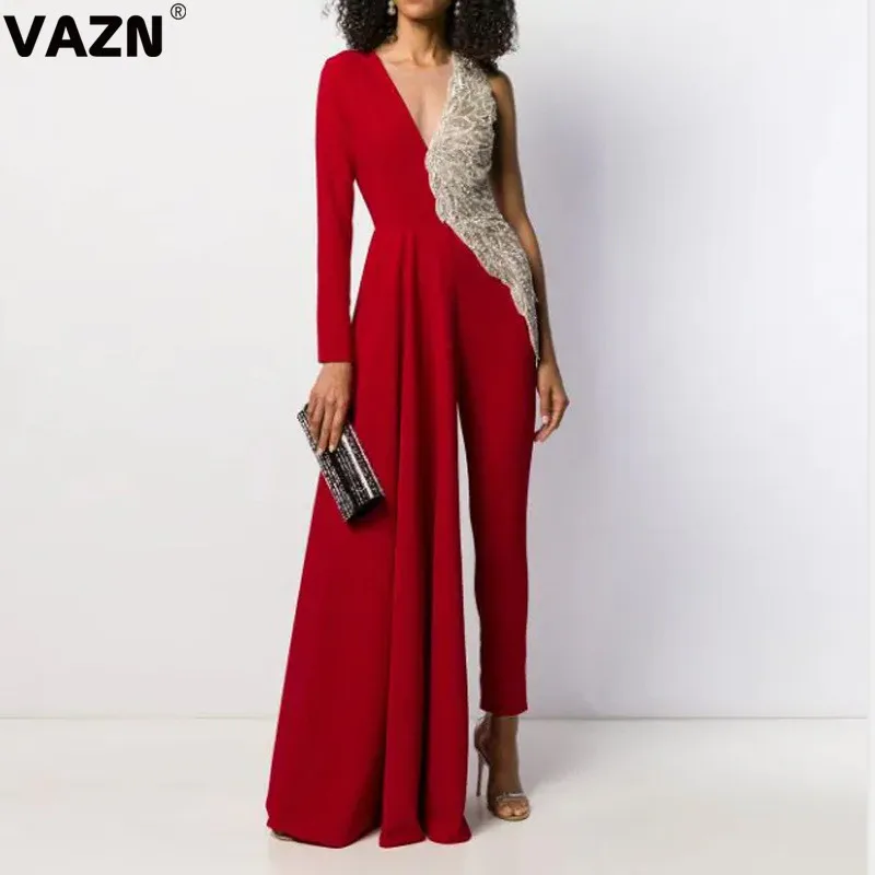 VAZN Top design 2020 spring sexy lady 3 colors patchwork long jumpsuit one shoulder full sleeve asymmetrical special | Женская одежда