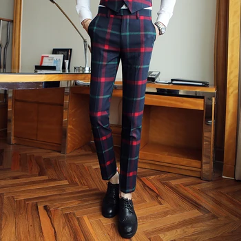 

2019 New Men red plaid trousers men's dress Slim plaid suit pants Men's Groom Wedding pant male Slim business office suit pants