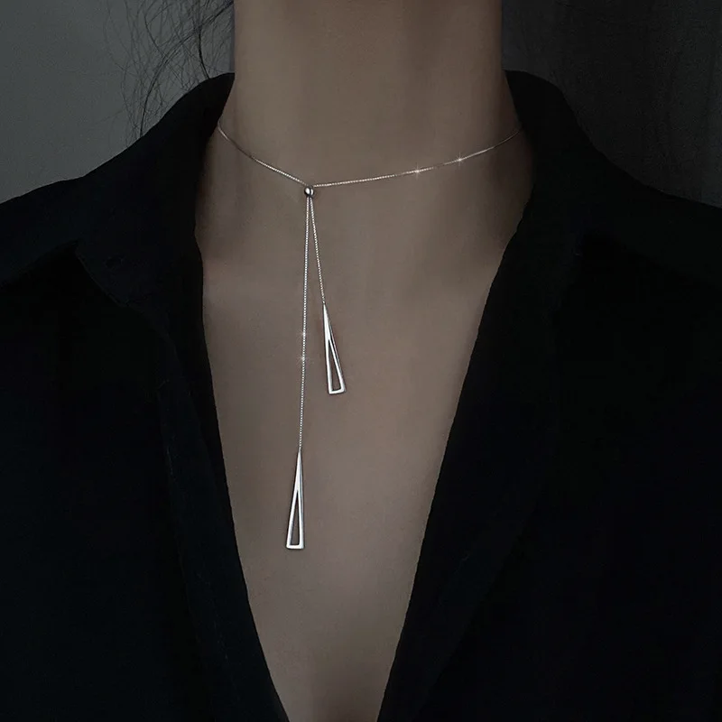 LIVVY Silver Color Triangle Pendant Necklace  Female Simple Clavicle Chain Elegant Temperament Gift Jewelry