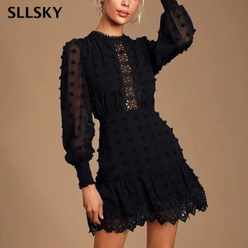 

SLLSKY Dress Women Fashion Summer Autumn Long Sleeve Dress Short Black Sexy See Through Mini Clothes Vestido Elegant Feminino
