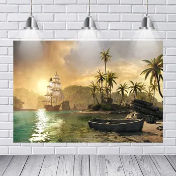 

Photography Backdrops Jolly Rodgers Pirate Ship Boat Sand Beach Island Custom Photo Studio Backdrop Background Banner Vinyl