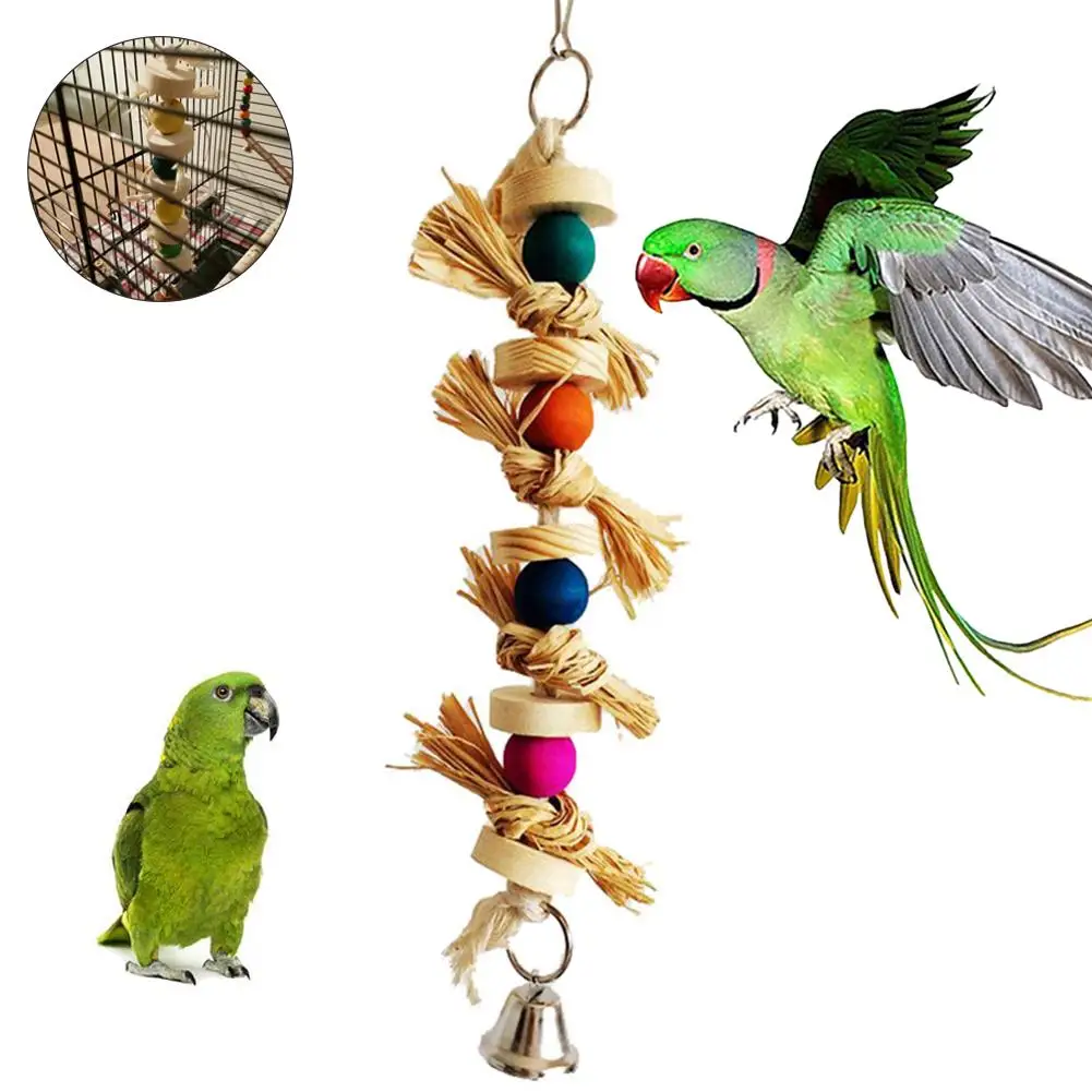 Pet Bird Parrot Wooden Beads Bell Straw Cotton Rope Hanging Cage Swing Chew Toy