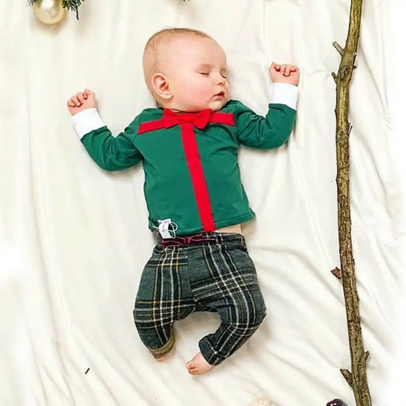 Рождественские комплекты одежды из 2 предметов для маленьких мальчиков и девочек, футболка, Топы+ штаны
