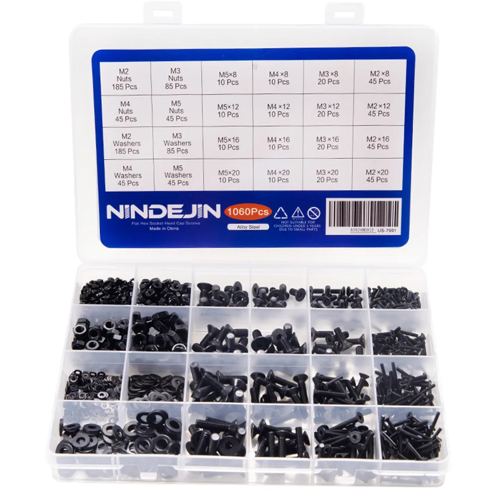 NINDEJIN 1060 шт./компл. M2 M3 M4 M5 шестигранный Набор торцевых головок винта углерода Сталь болты и гайки шайбы ассортимент набор с коробка для хранения