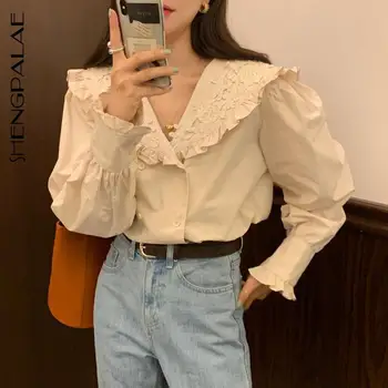 

SHENGPALAE 2020 New Women Blouse Shirt Lapel Tops Sweet Ruffles Korean Style Double-breasted Office Lady Elegant Shirts ZA3019