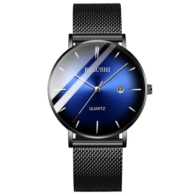Steel Blue Silver BELUSHI, модные мужские часы, Топ бренд, Роскошные тонкие стальные сетчатые кварцевые часы, мужские деловые водонепроницаемые аналоговые наручные часы, мужские часы - Цвет: Steel Blue Silver