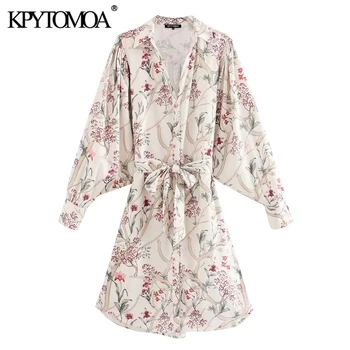 

KPYTOMOA Women 2020 Chic Fashion Floral Print With Belt Midi Dress Vintage Lapel Collar Batwing Sleeve Female Dresses Vestidos