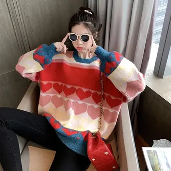 

Love Heart Contrast Color Sweater 2019 Autumn Winter Women Long Sleeve Pullover Pull Femme Korean Sweet Knit Jumper